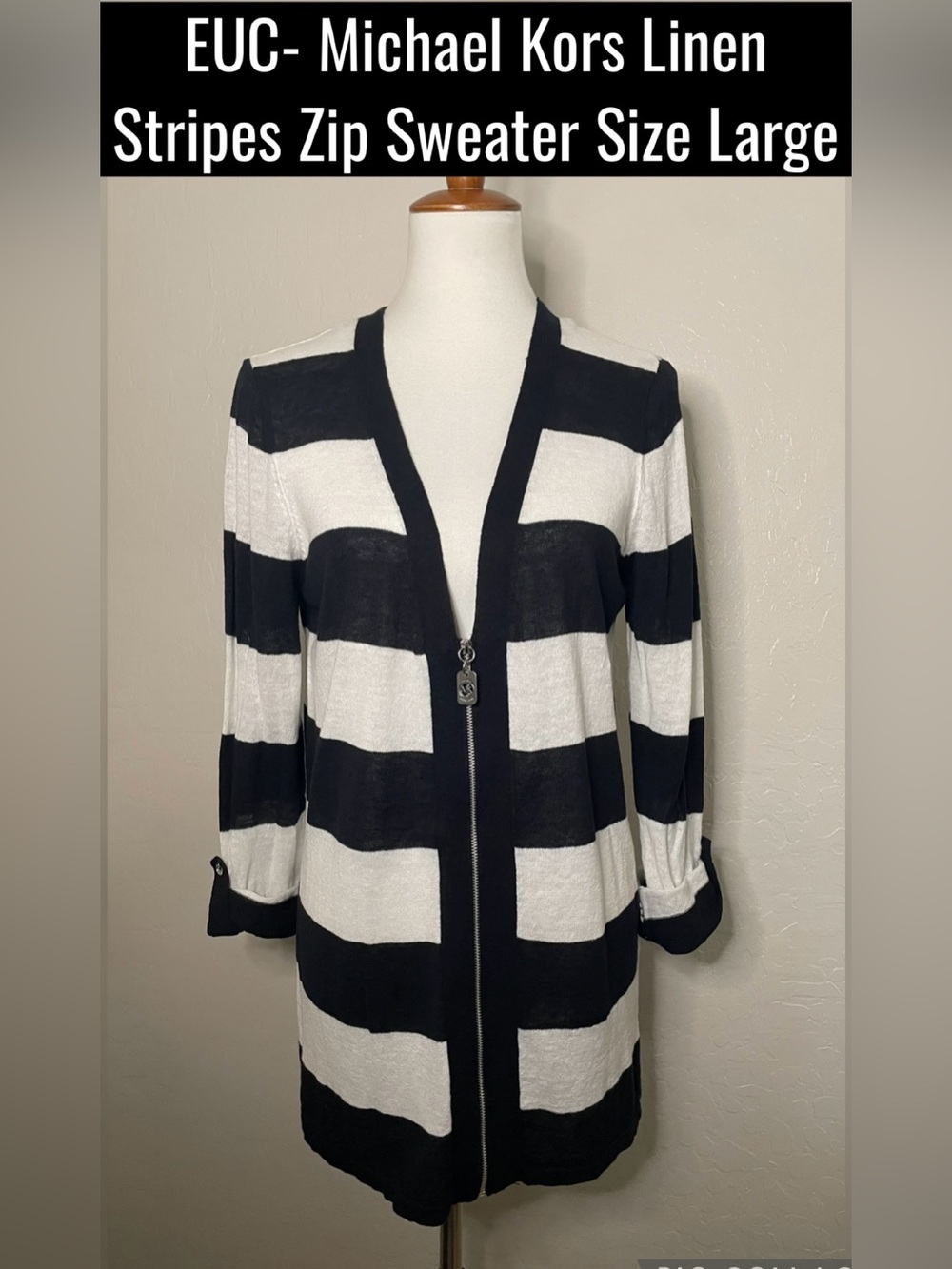 EUC- Michael Kors Linen Striped Zip Sweater Size Large Black/White